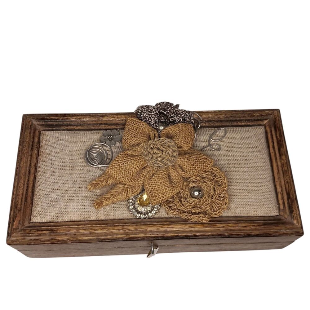 Jewelry Box Brown Wooden Trinket Box With Burlap And Silver Metal Flowers 10x5x3